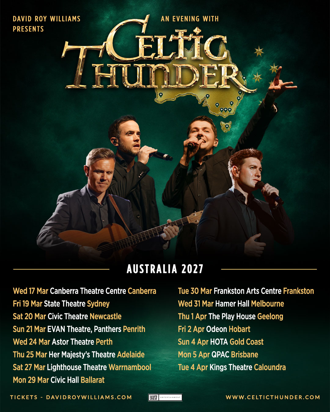 Celtic Thunder Australia 2027 tour poster with all 15 dates