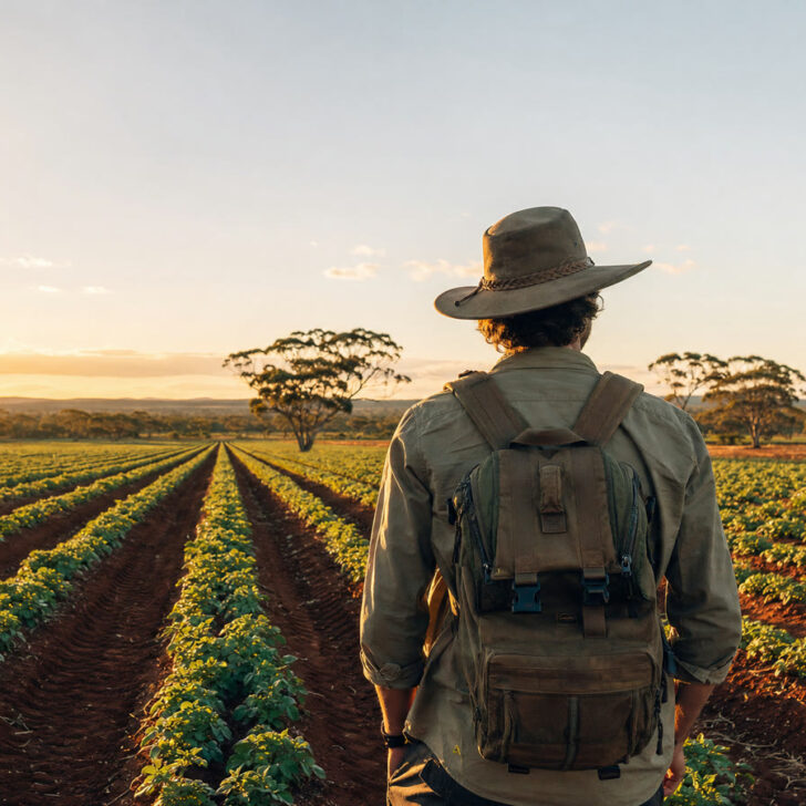 Backpacker in a work shirt and hat looking over farm rows in regional Australia