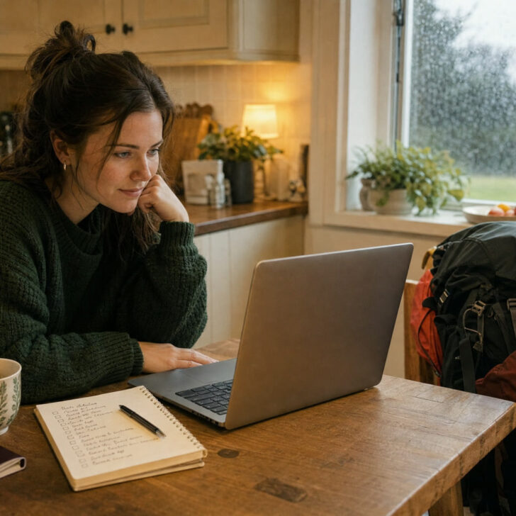 Young Irish woman at her kitchen table in Ireland planning the money side of her move to Australia, with her passport, a checklist and a packed backpack