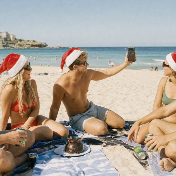 Young Irish friends in Santa hats on a sunny Sydney beach on Christmas Day, one video-calling home