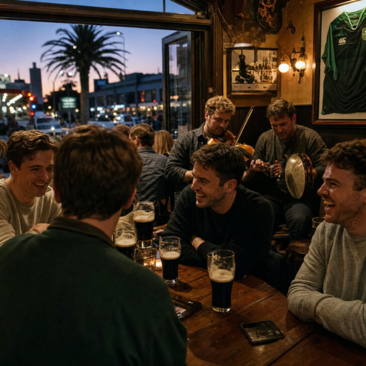 Young Irish friends with pints of stout at an Irish pub in Sydney while a trad session plays