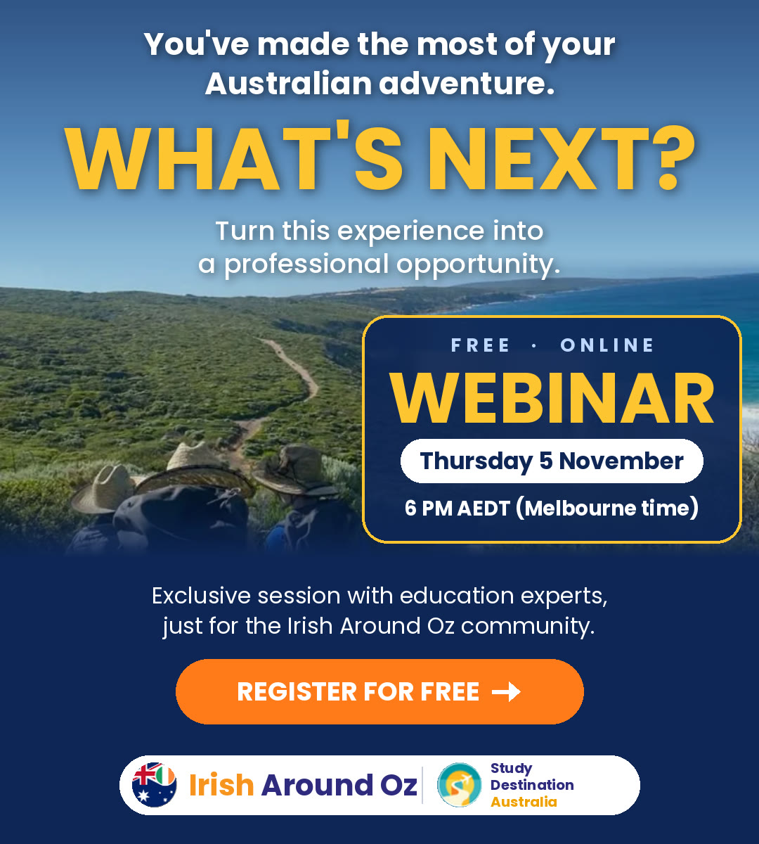 Free webinar for the Irish Around Oz community: From Backpacker to Professional, Thursday 5 November, 6pm Melbourne time
