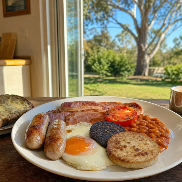 A full Irish breakfast with sausages, rashers, black and white pudding, egg and brown bread, with a mug of tea, on a table in a sunny Australian kitchen