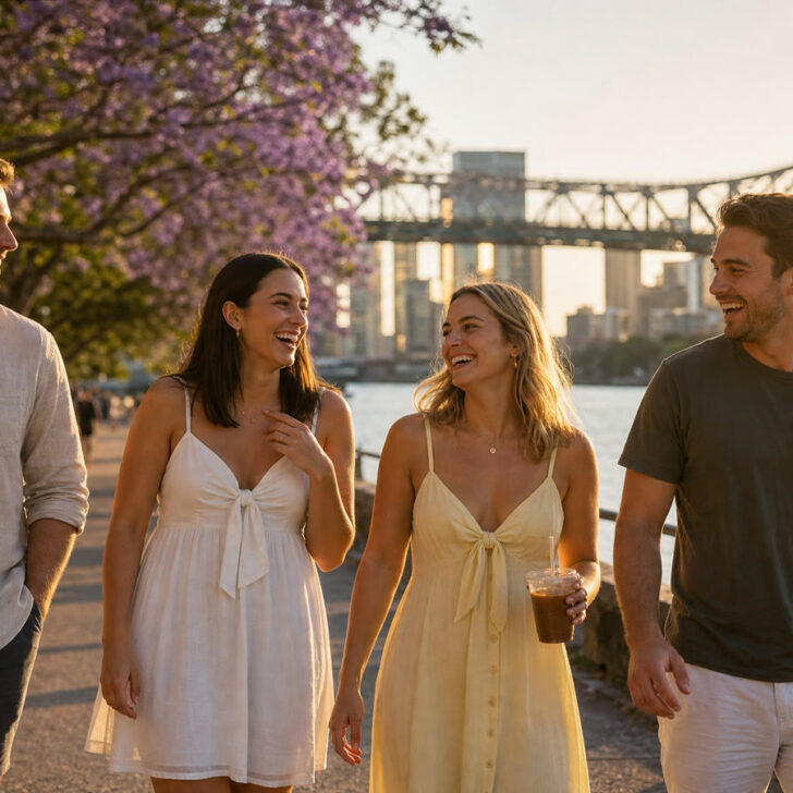 Four young friends laughing on the Kangaroo Point riverside path in Brisbane at sunset, with the Story Bridge and city skyline behind them