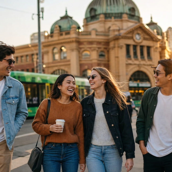 Four friends laughing as they walk past Flinders Street Station in Melbourne at sunset, with a tram behind them