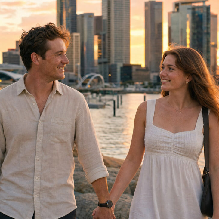 Young Irish couple walking hand in hand along the Elizabeth Quay waterfront in Perth at sunset, with the city skyline behind