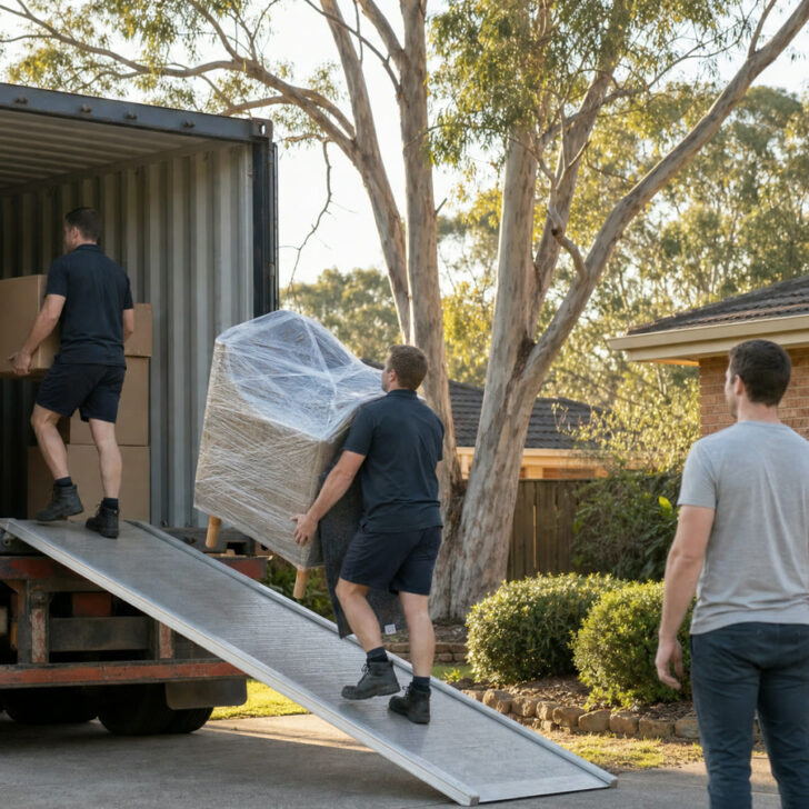 Removalists loading boxes and a wrapped armchair into a shipping container outside an Australian brick house while a family watches