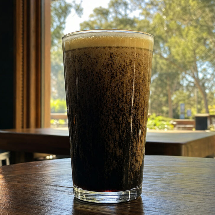 A freshly poured pint of stout settling on a wooden table in a sunny Australian pub, with gum trees outside